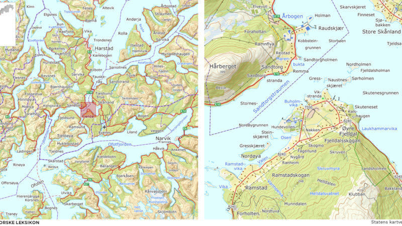 Et kart over Fjelldal og omr&aring;det rundt