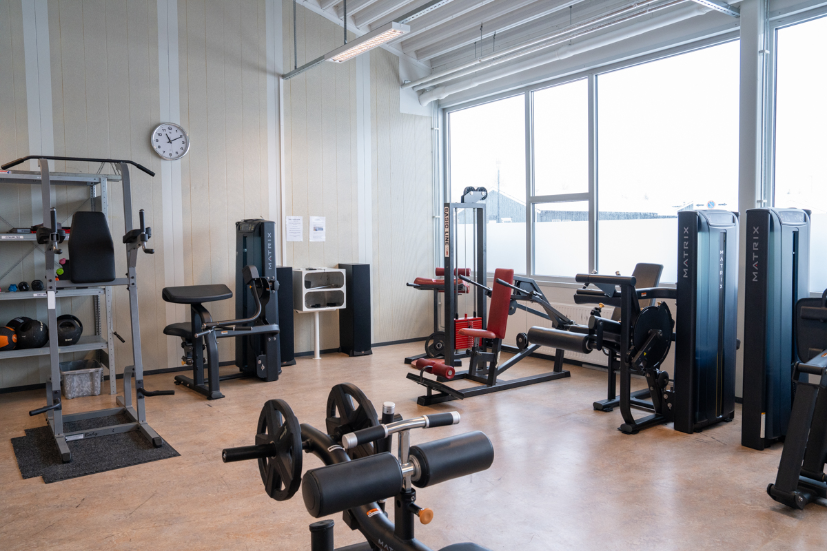 Diverse styrkeapparater i et treningsrom. Foto