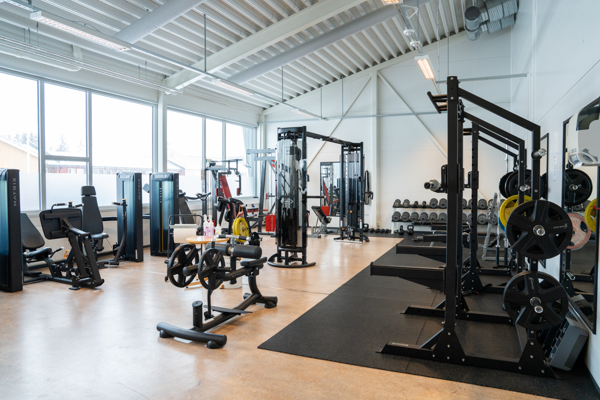 Oversiktsbilde av styrkerom med ulike treningsapparater