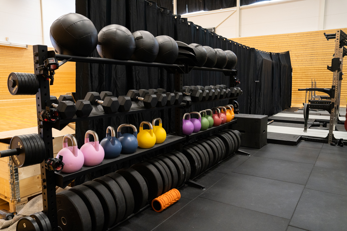 Medisinballer, kettlebells og vektstenger på en hylle. Foto